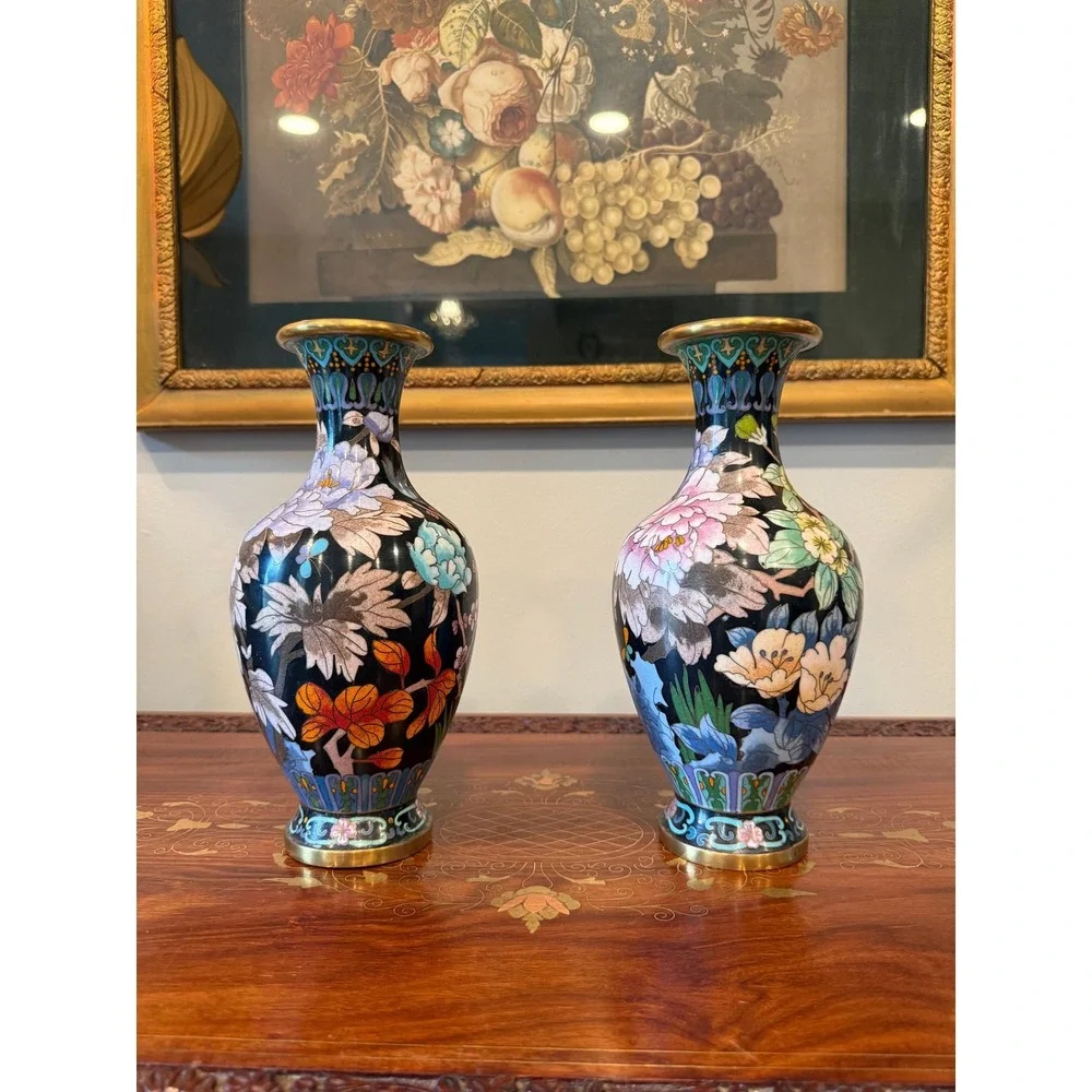 Vintage Cloisonné Peony Vase Pair‎ - 10.25
